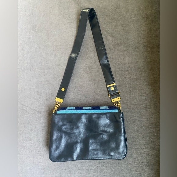 Vintage Needlepoint and Leather Blue Shoulder Bag - Picture 3 of 11